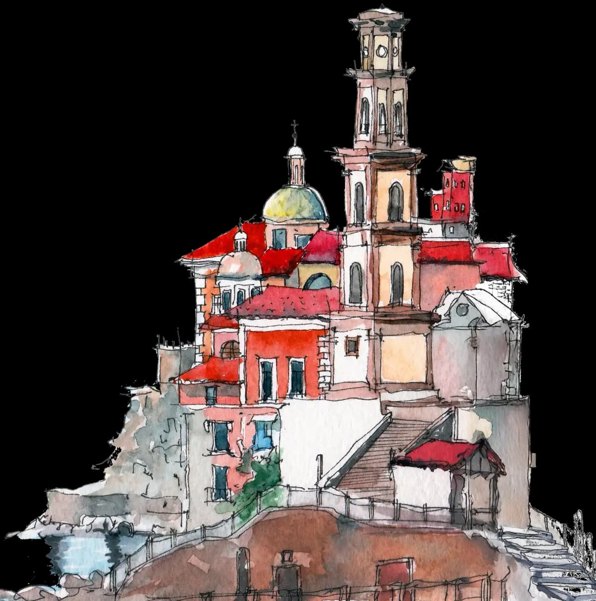 Watercolor illustration of Atrani, Amalfi Coast